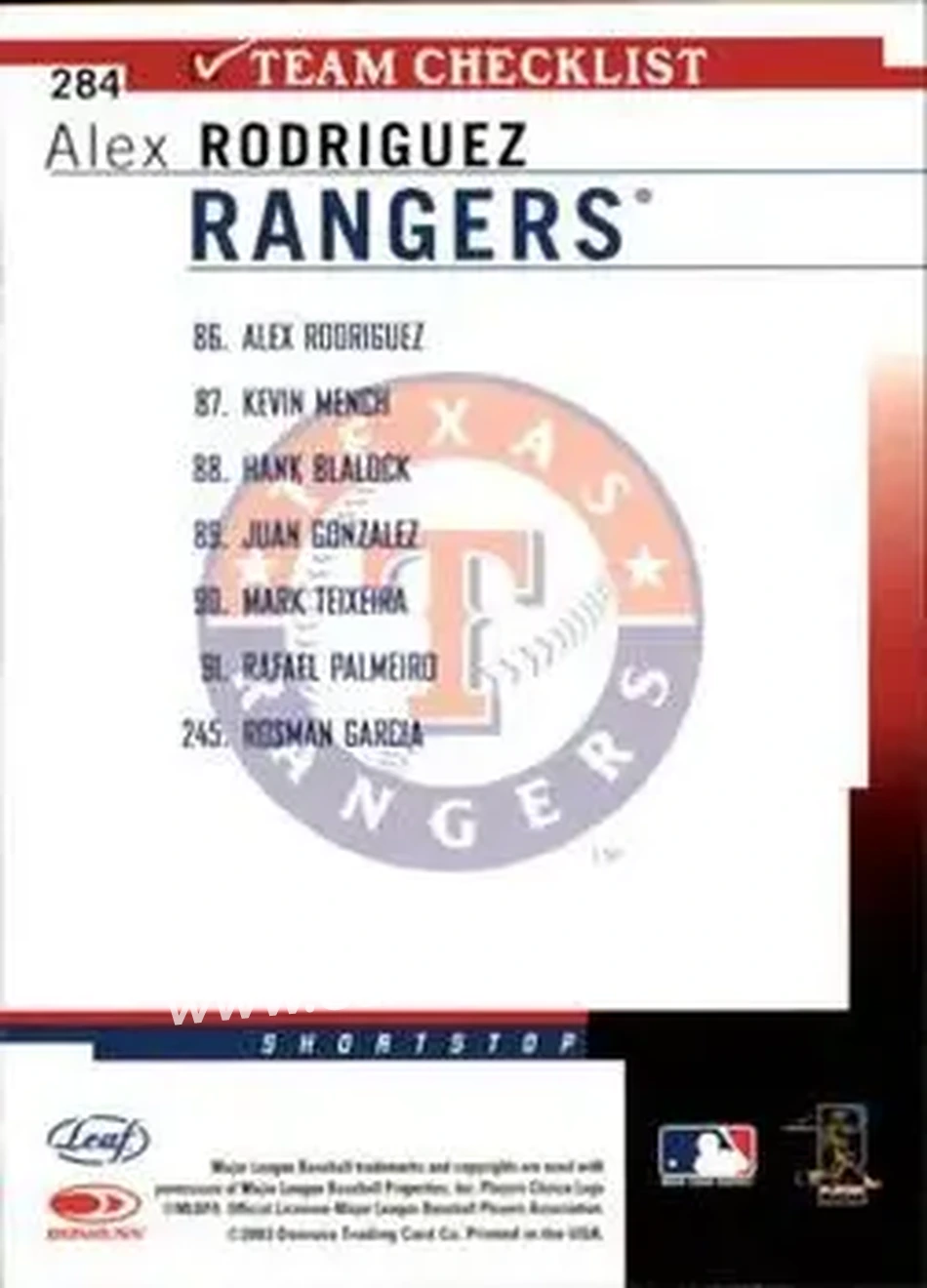 2004 Leaf #284 - Alex Rodriguez - Texas Rangers - Back