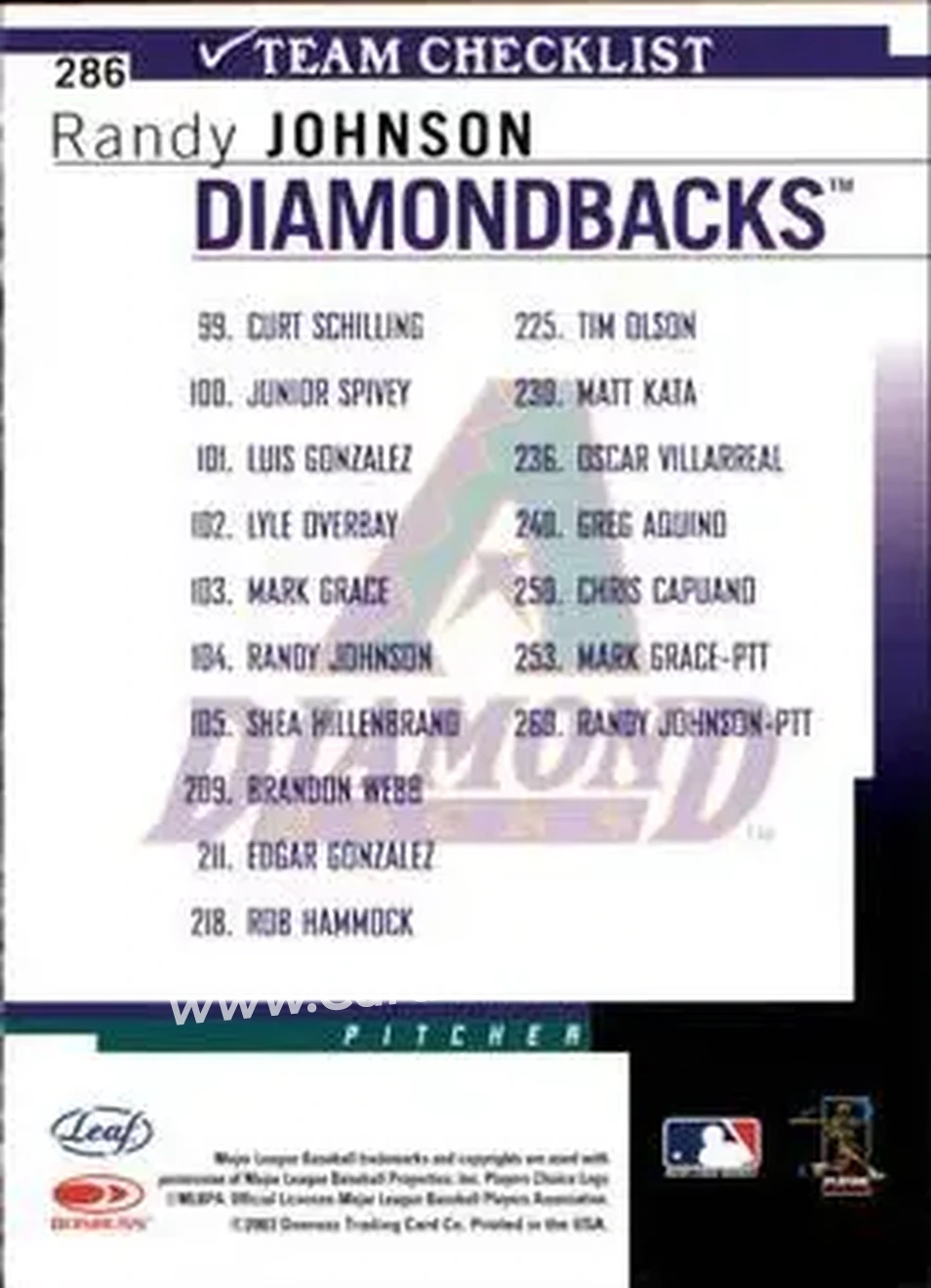 2004 Leaf #286 - Randy Johnson - Arizona Diamondbacks - Back