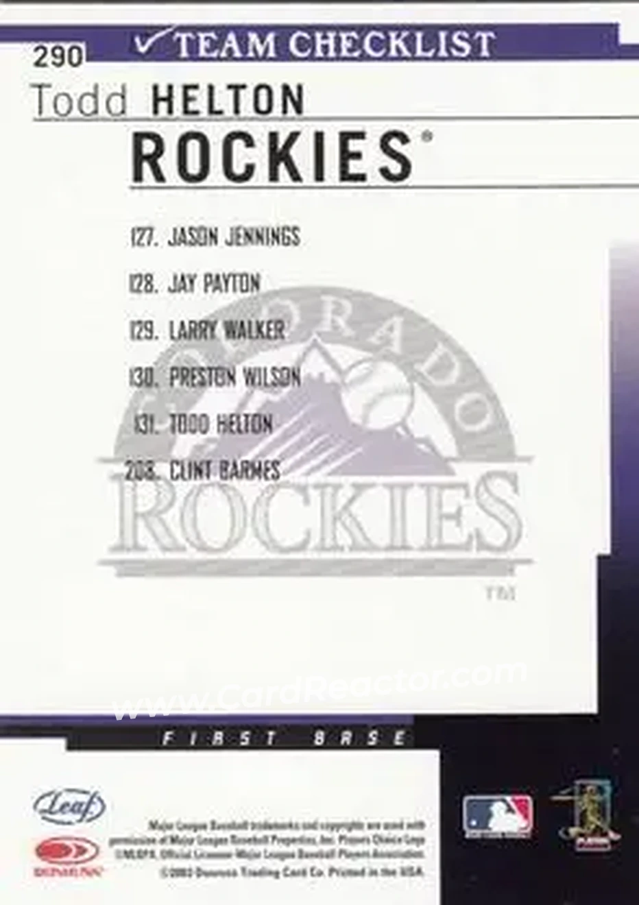 2004 Leaf #290 - Todd Helton - Colorado Rockies - Back 2004 Leaf #290 - Todd Helton - Colorado Rockies - Back