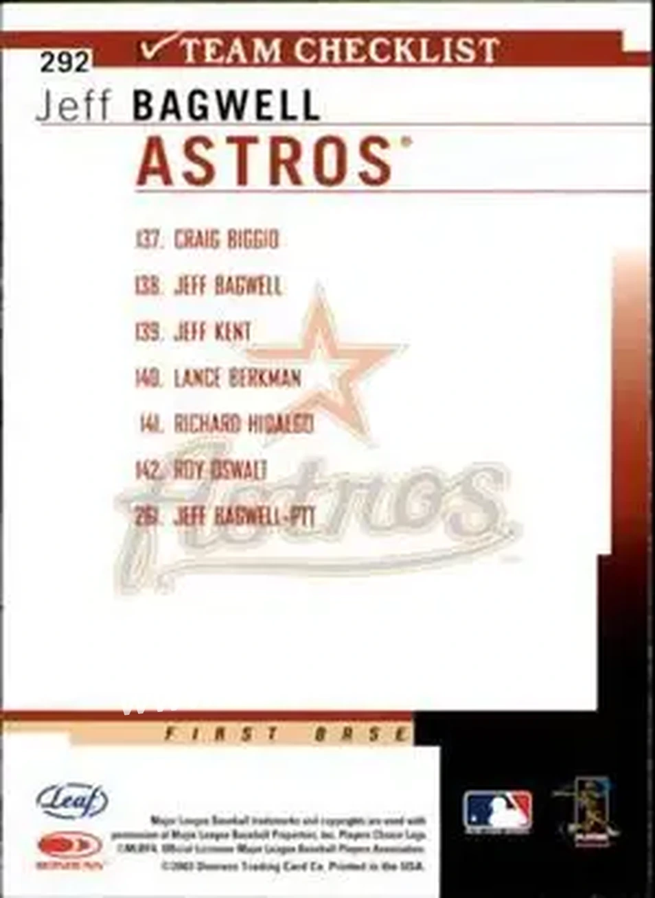 2004 Leaf #292 - Jeff Bagwell - Houston Astros - Back 2004 Leaf #292 - Jeff Bagwell - Houston Astros - Back