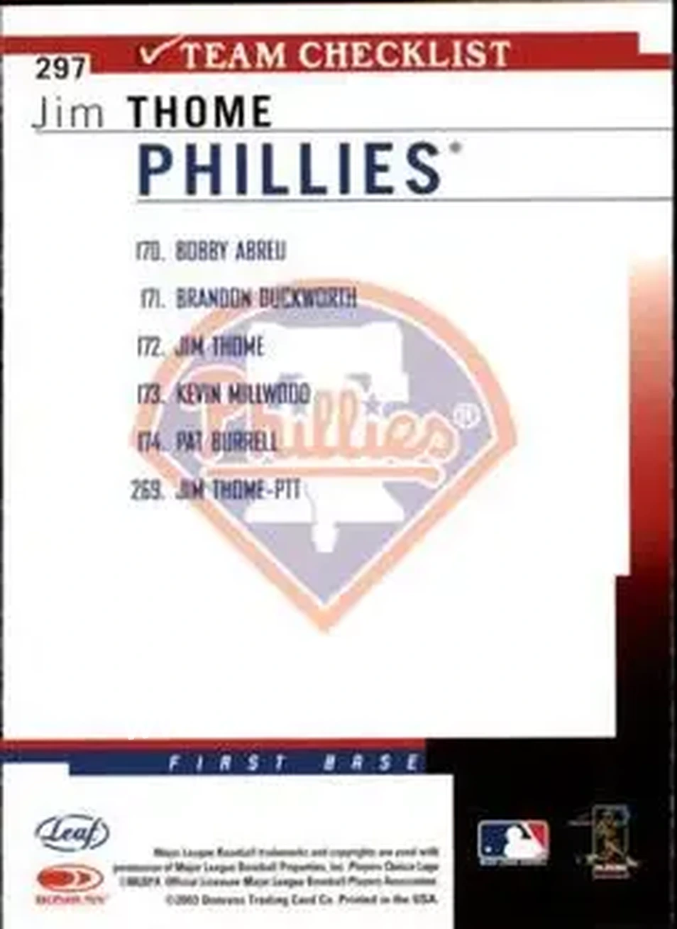 2004 Leaf #297 - Jim Thome - Philadelphia Phillies - Back 2004 Leaf #297 - Jim Thome - Philadelphia Phillies - Back
