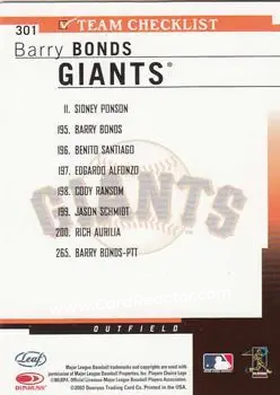 2004 Leaf #301 - Barry Bonds - San Francisco Giants - Back