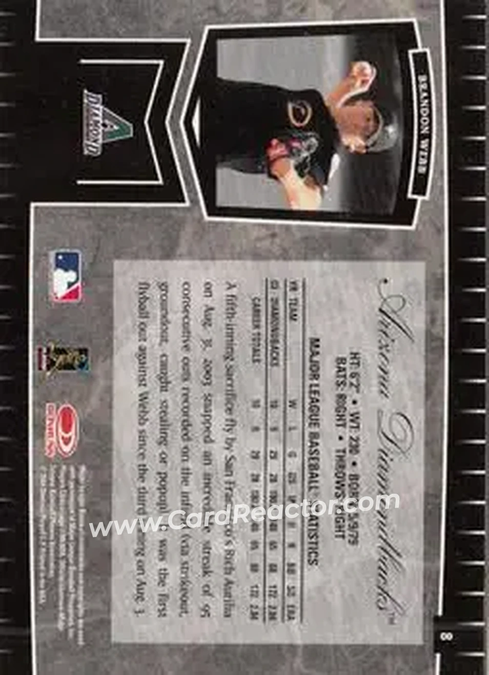 2004 Leaf Certified Cuts #8 - Brandon Webb - Arizona Diamondbacks - Back