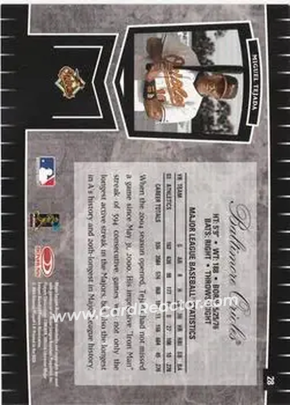 2004 Leaf Certified Cuts #28 - Miguel Tejada - Baltimore Orioles - Back