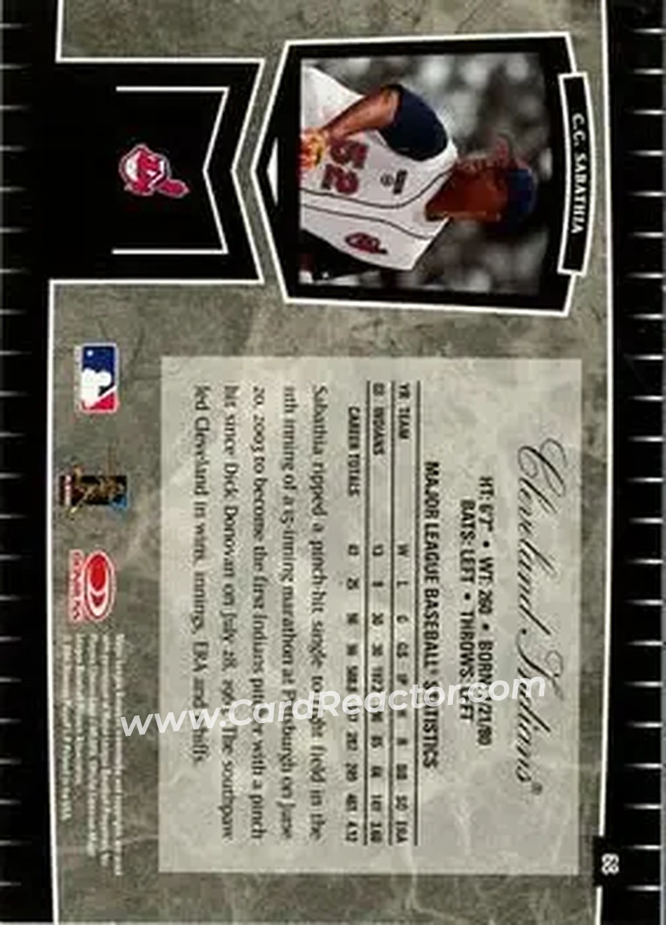 2004 Leaf Certified Cuts #68 - CC Sabathia - Cleveland Indians - Back