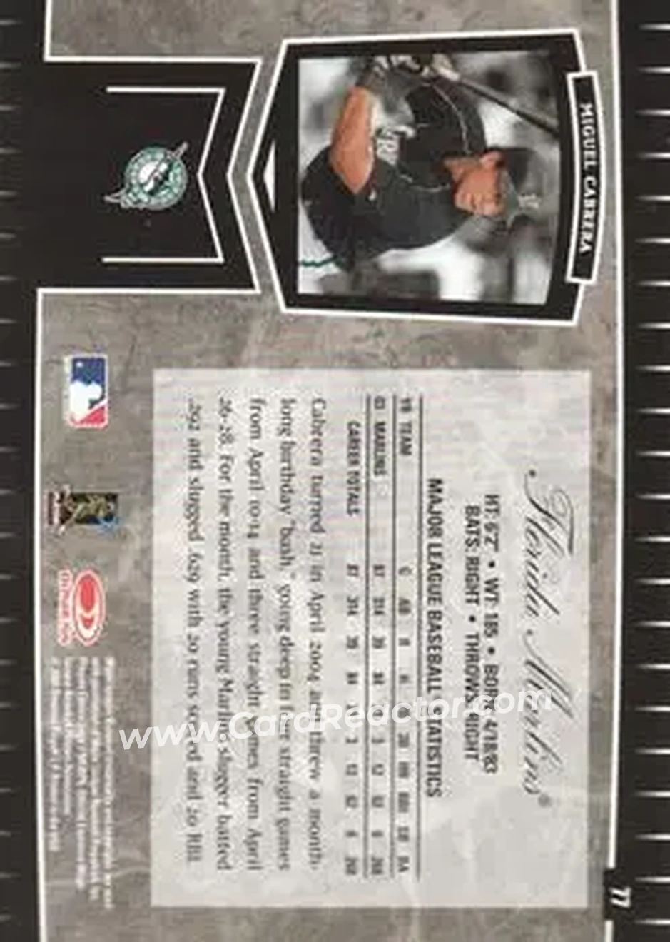 2004 Leaf Certified Cuts #77 - Miguel Cabrera - Florida Marlins - Back