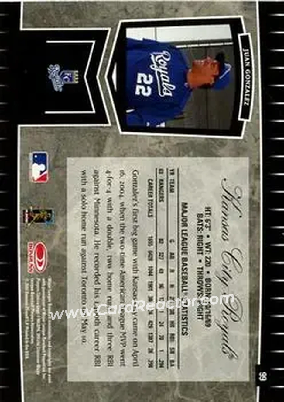 2004 Leaf Certified Cuts #99 - Juan Gonzalez - Kansas City Royals - Back