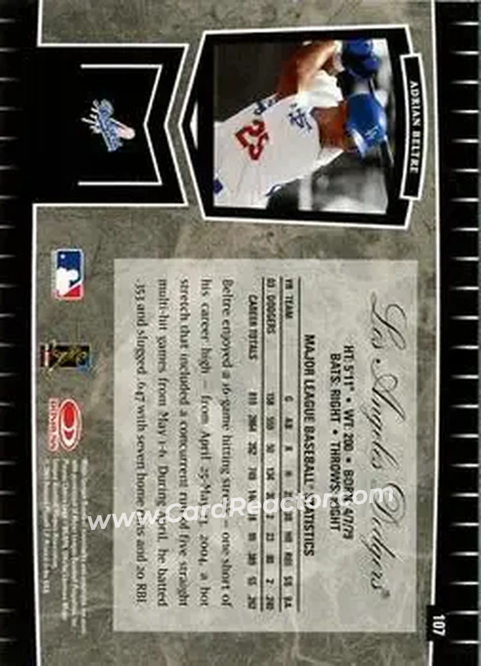 2004 Leaf Certified Cuts #107 - Adrian Beltré - Los Angeles Dodgers - Back