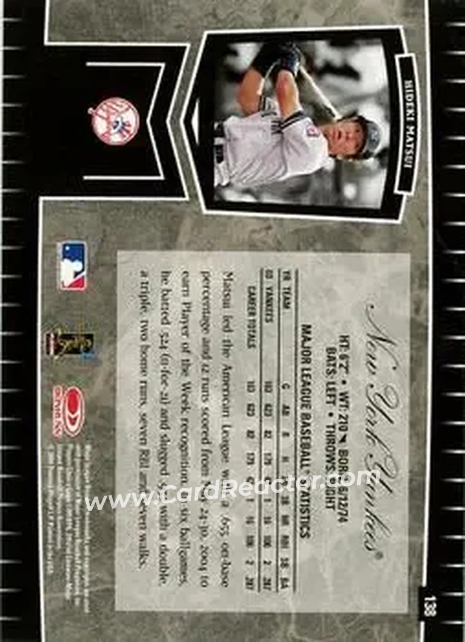 2004 Leaf Certified Cuts #138 - Hideki Matsui - New York Yankees - Back