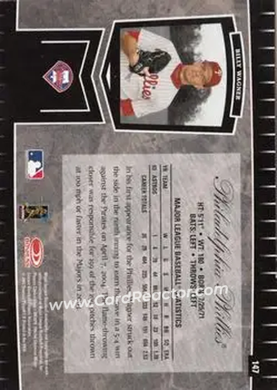 2004 Leaf Certified Cuts #147 - Billy Wagner - Philadelphia Phillies - Back
