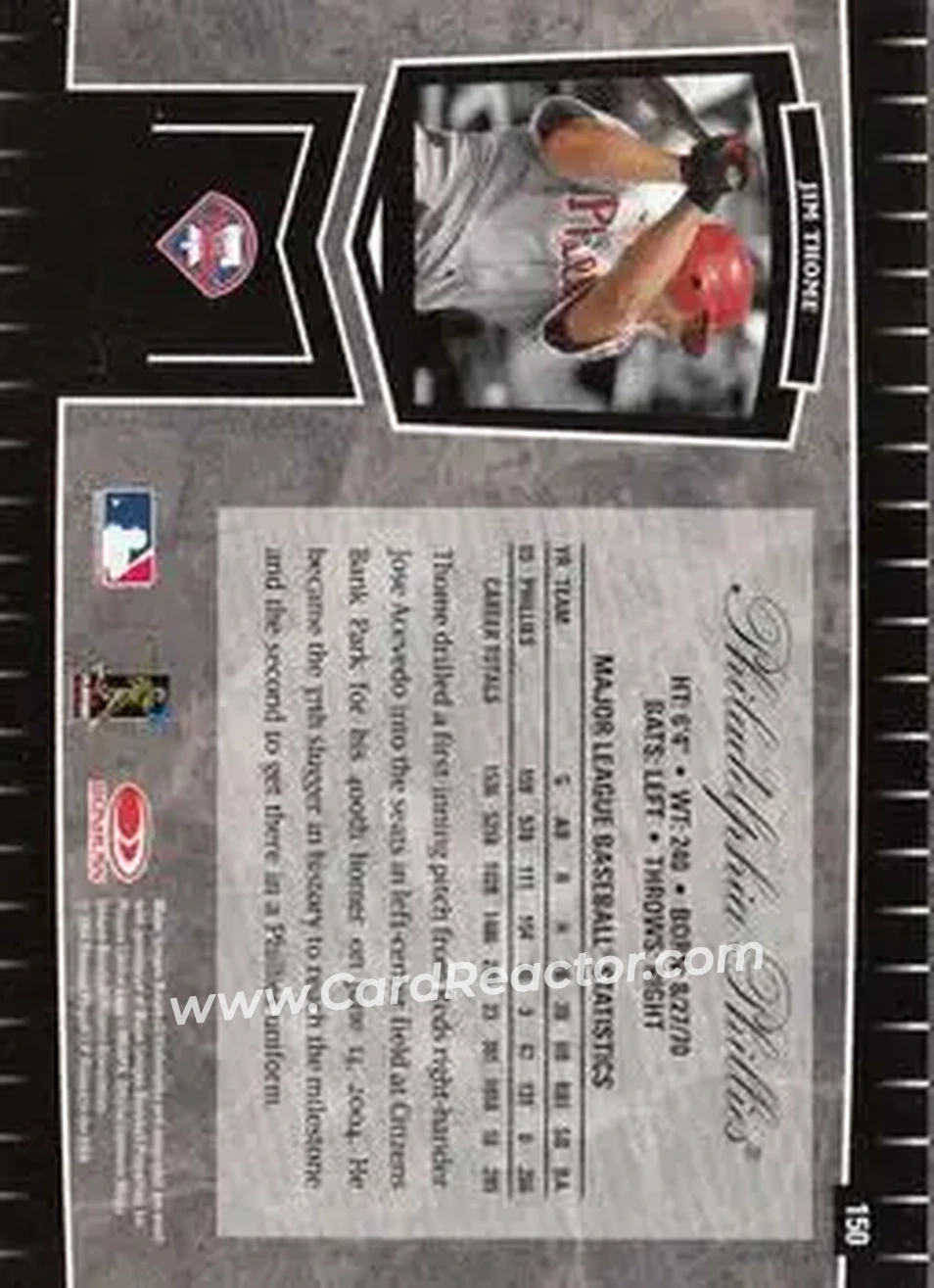 2004 Leaf Certified Cuts #150 - Jim Thome - Philadelphia Phillies - Back