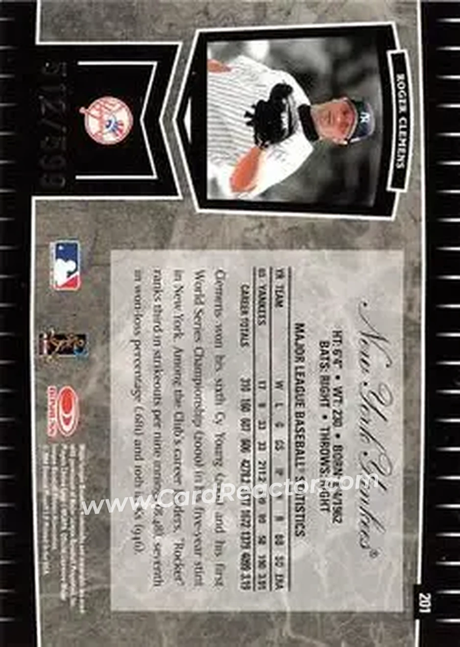 2004 Leaf Certified Cuts #201 - Roger Clemens - New York Yankees - Back