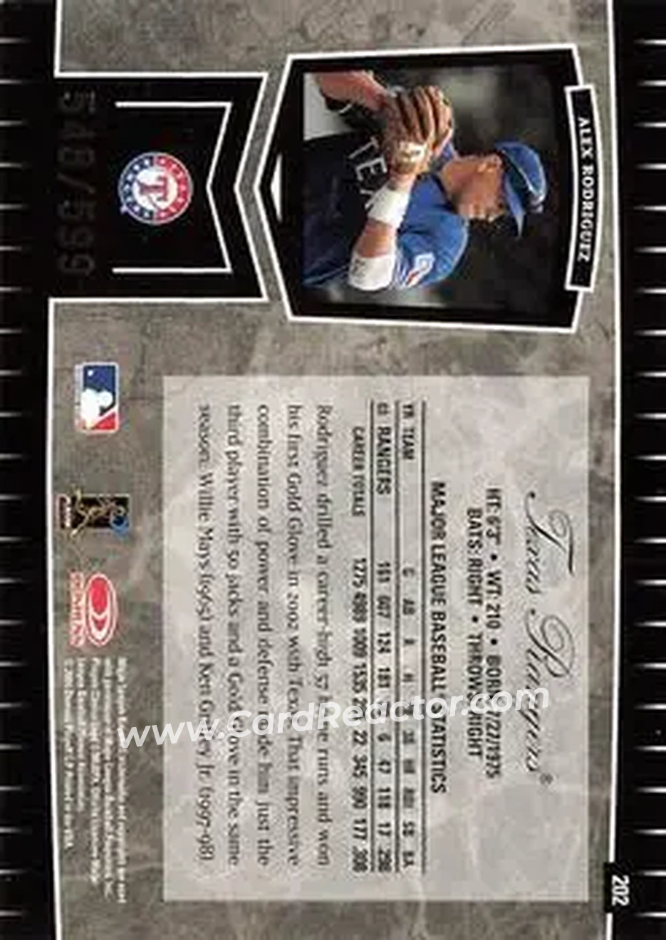 2004 Leaf Certified Cuts #202 - Alex Rodriguez - Texas Rangers - Back