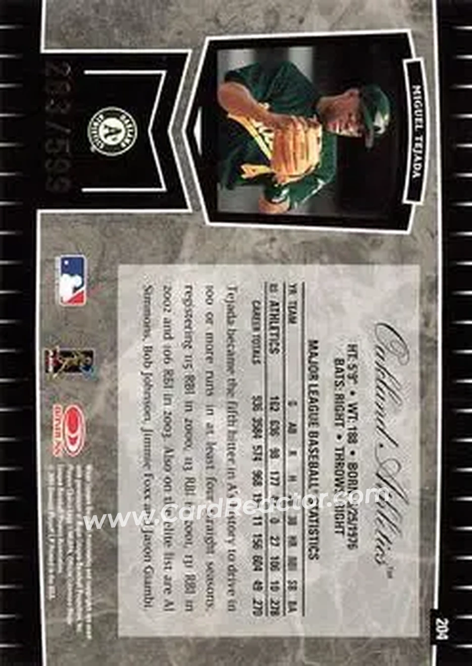 2004 Leaf Certified Cuts #204 - Miguel Tejada - Oakland Athletics - Back