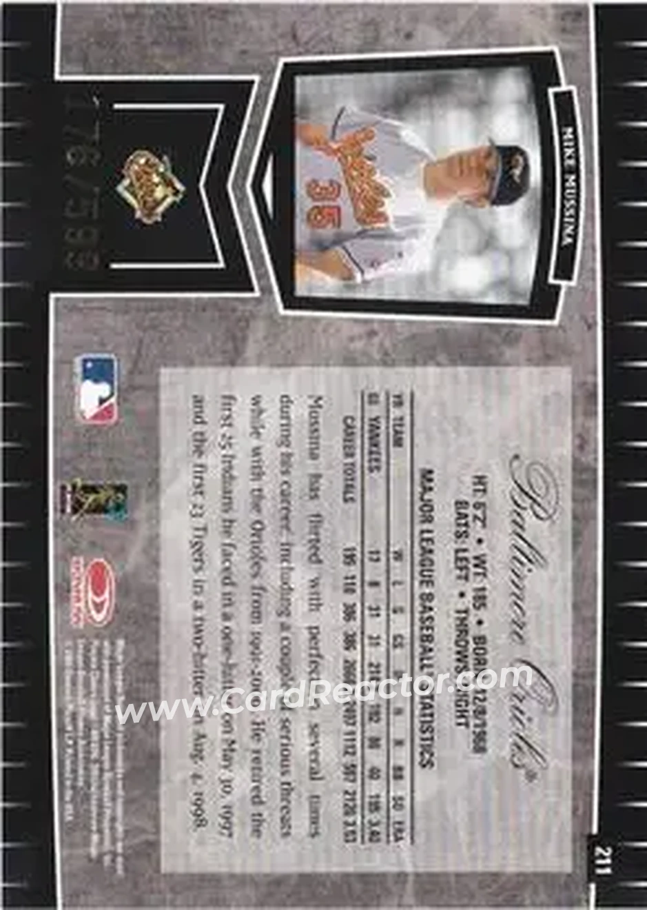 2004 Leaf Certified Cuts #211 - Mike Mussina - Baltimore Orioles - Back 2004 Leaf Certified Cuts #211 - Mike Mussina - Baltimore Orioles - Back