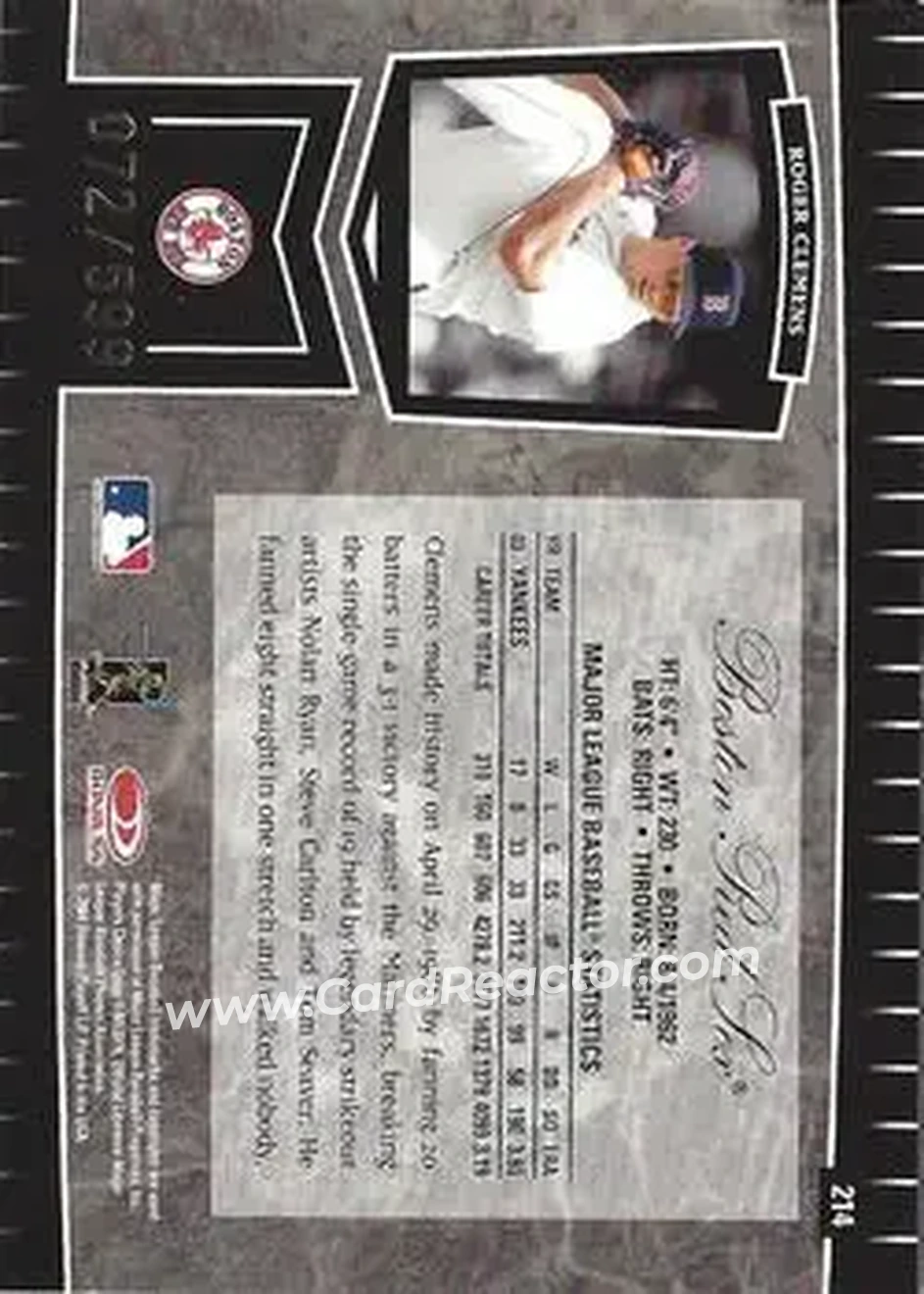 2004 Leaf Certified Cuts #214 - Roger Clemens - Boston Red Sox - Back 2004 Leaf Certified Cuts #214 - Roger Clemens - Boston Red Sox - Back