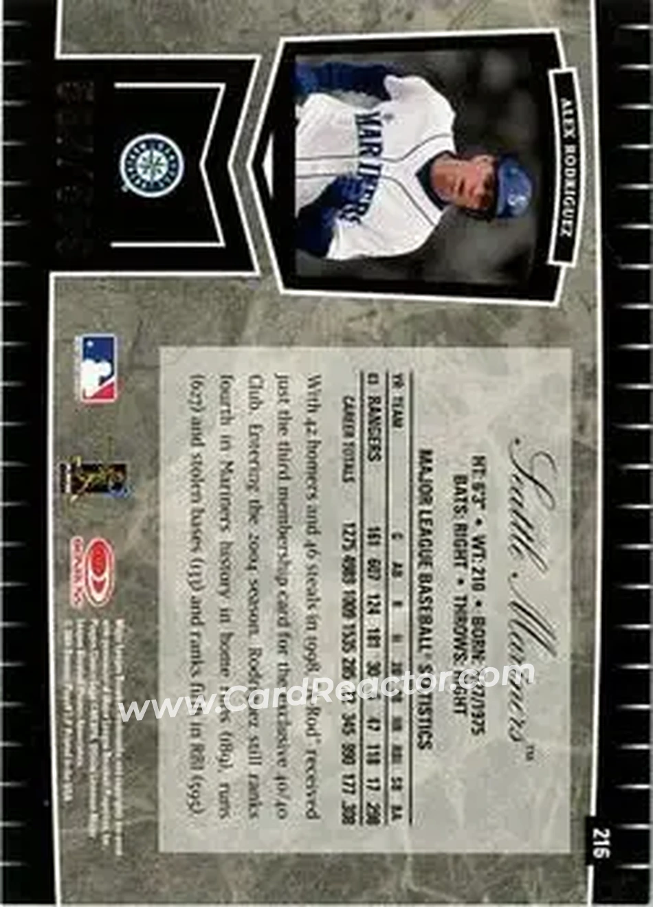 2004 Leaf Certified Cuts #216 - Alex Rodriguez - Seattle Mariners - Back