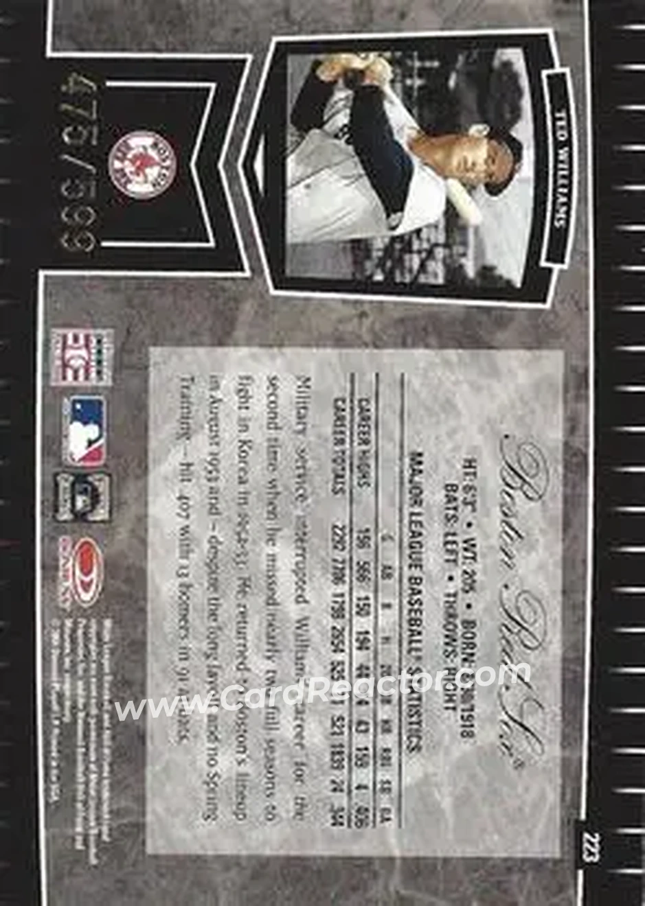 2004 Leaf Certified Cuts #223 - Ted Williams - Boston Red Sox - Back