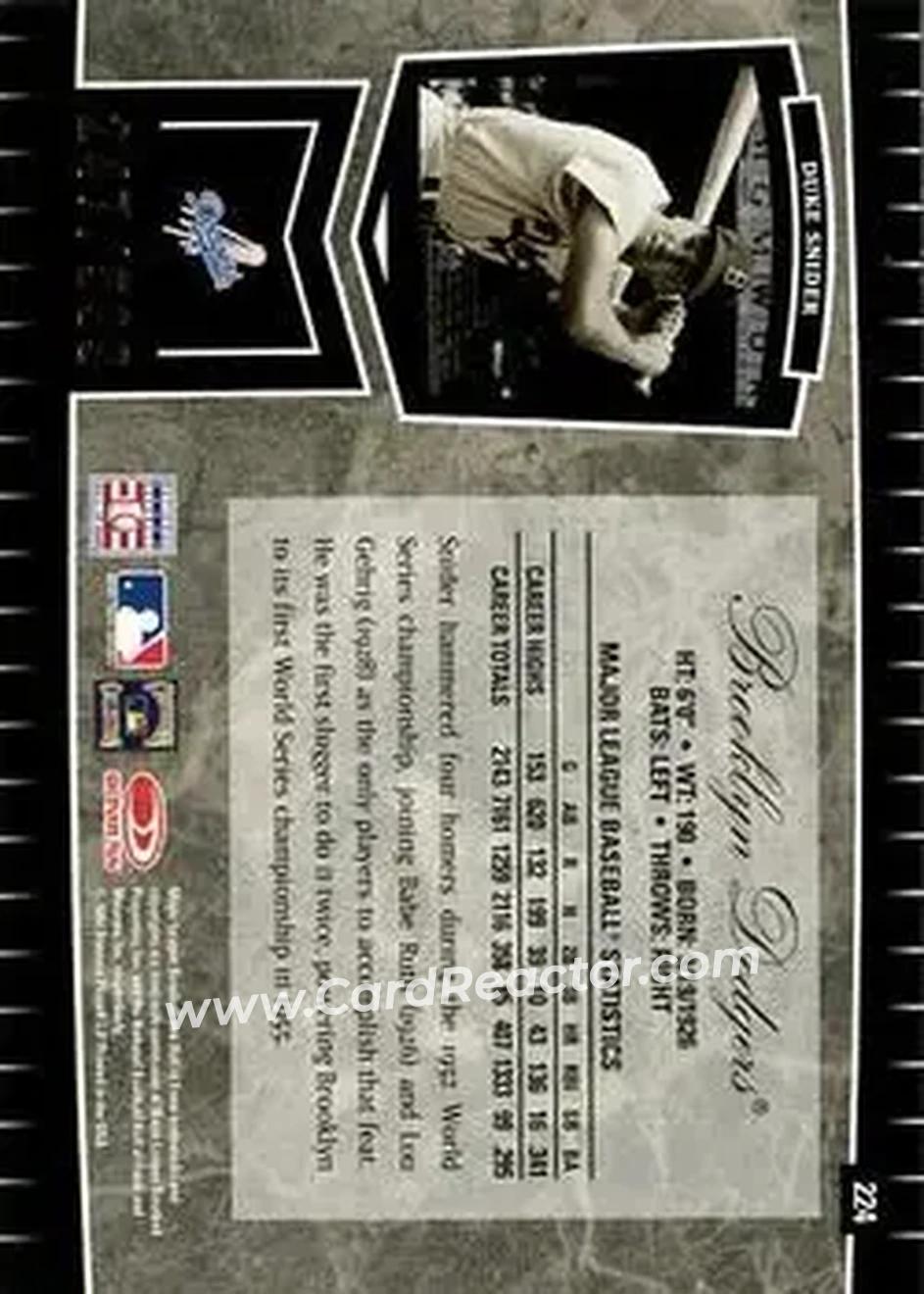 2004 Leaf Certified Cuts #224 - Edwin "Duke" Snider - Brooklyn Dodgers - Back