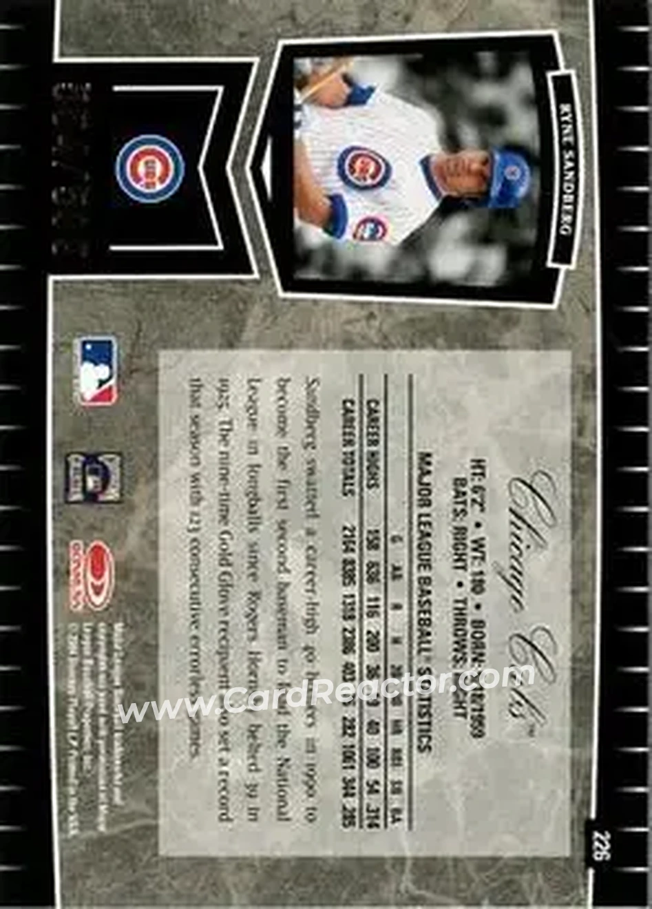 2004 Leaf Certified Cuts #226 - Ryne Sandberg - Chicago Cubs - Back