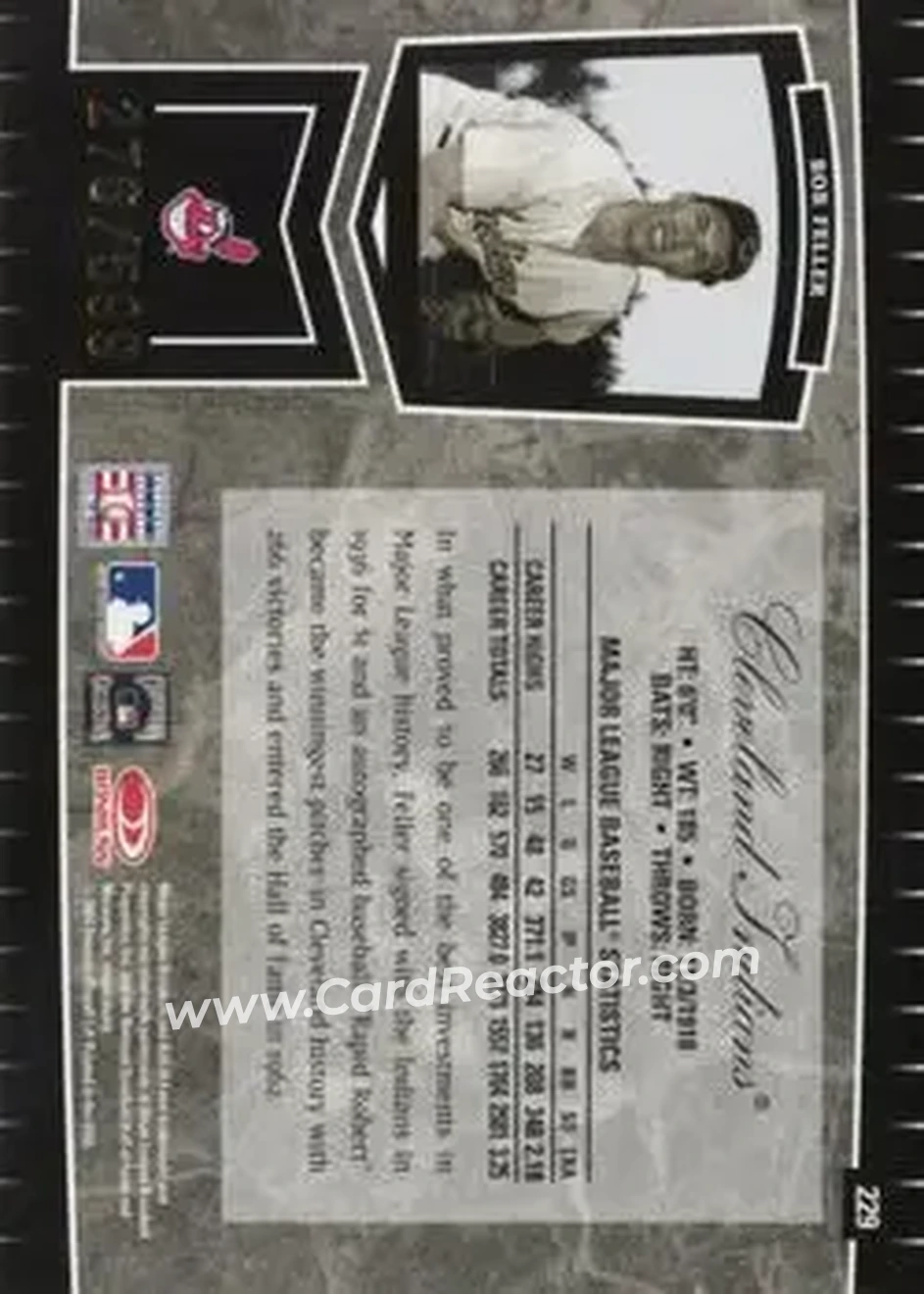 2004 Leaf Certified Cuts #229 - Bob Feller - Cleveland Indians - Back