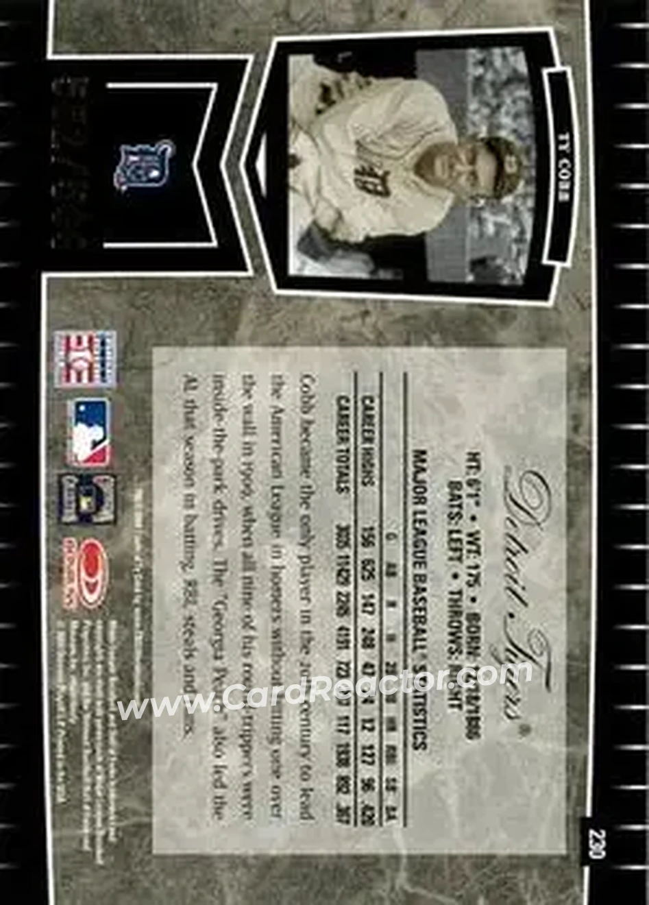 2004 Leaf Certified Cuts #230 - Ty Cobb - Detroit Tigers - Back 2004 Leaf Certified Cuts #230 - Ty Cobb - Detroit Tigers - Back