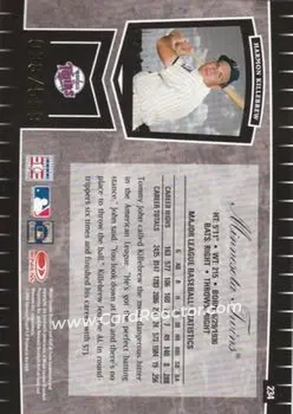 2004 Leaf Certified Cuts #234 - Harmon Killebrew - Minnesota Twins - Back