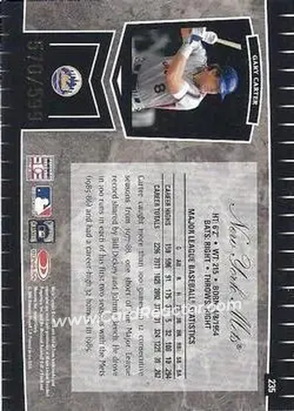 2004 Leaf Certified Cuts #235 - Gary Carter - New York Mets - Back 2004 Leaf Certified Cuts #235 - Gary Carter - New York Mets - Back