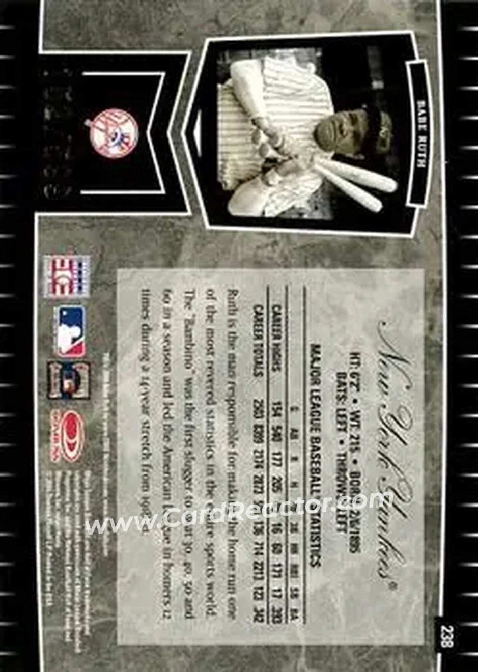 2004 Leaf Certified Cuts #238 - Babe Ruth - New York Yankees - Back 2004 Leaf Certified Cuts #238 - Babe Ruth - New York Yankees - Back