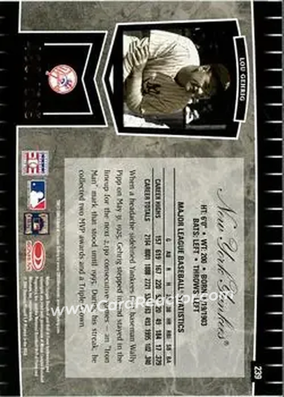 2004 Leaf Certified Cuts #239 - Lou Gehrig - New York Yankees - Back