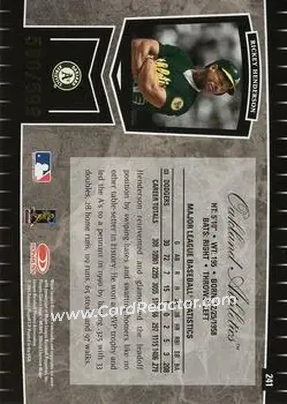 2004 Leaf Certified Cuts #241 - Rickey Henderson - Oakland Athletics - Back