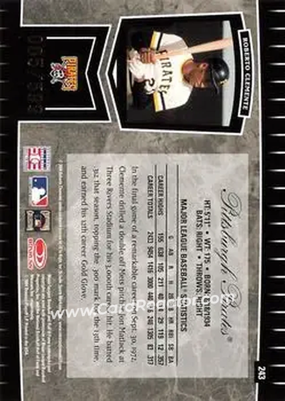2004 Leaf Certified Cuts #243 - Bob Clemente - Pittsburgh Pirates - Back