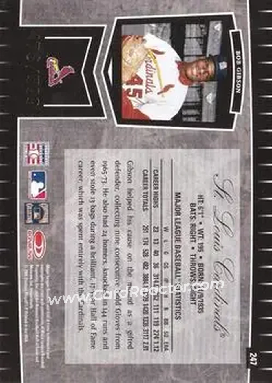 2004 Leaf Certified Cuts #247 - Bob Gibson - St. Louis Cardinals - Back