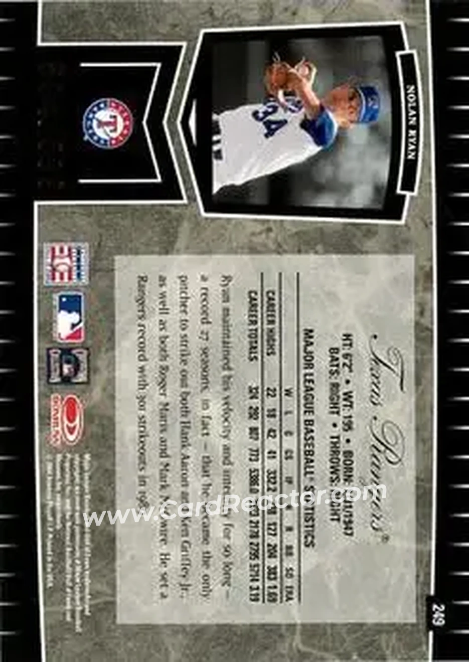 2004 Leaf Certified Cuts #249 - Nolan Ryan - Texas Rangers - Back