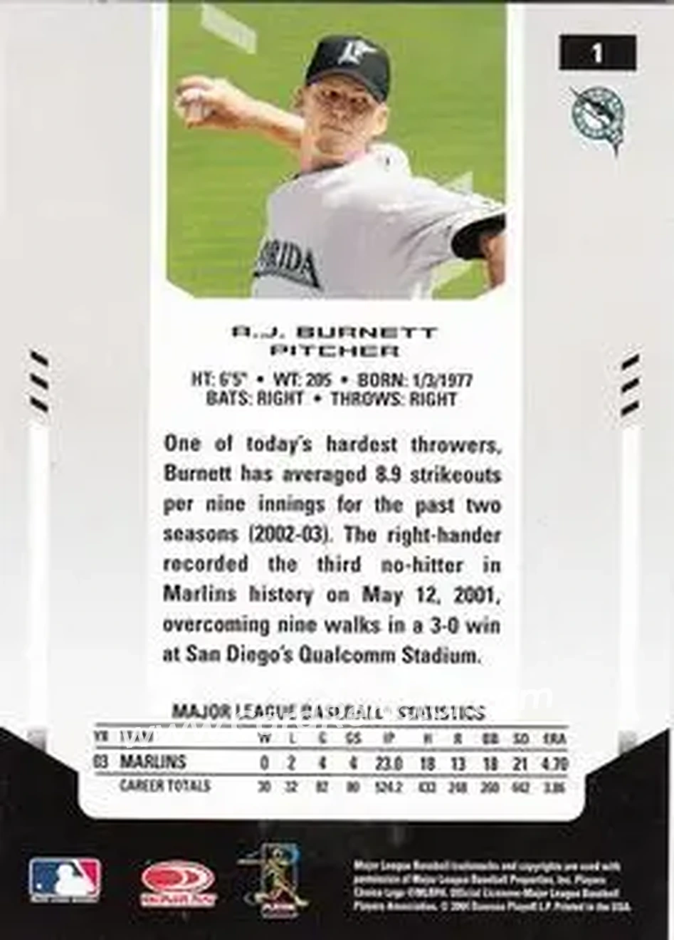 2004 Leaf Certified Materials #1 - A.J. Burnett - Florida Marlins - Back
