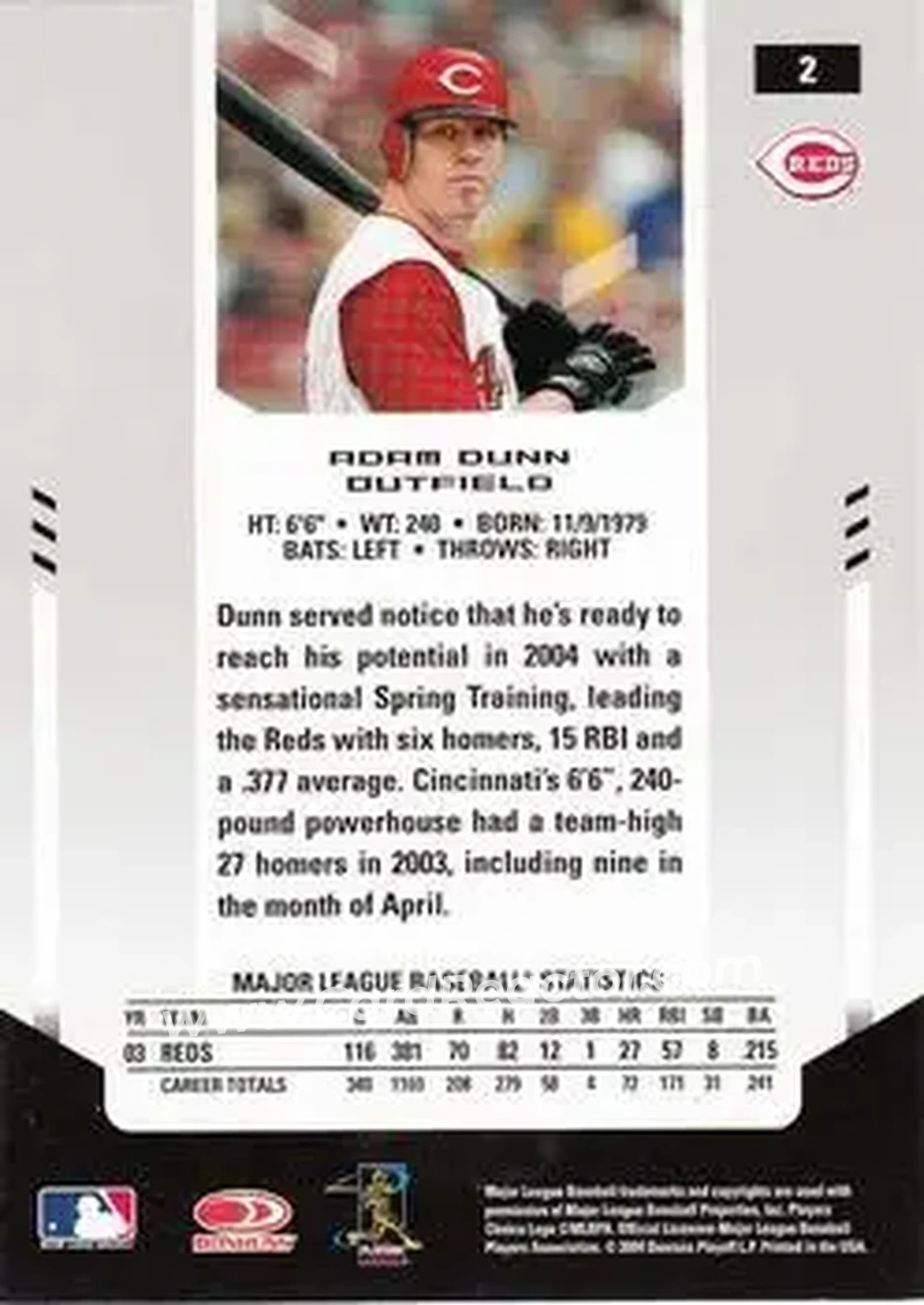 2004 Leaf Certified Materials #2 - Adam Dunn - Cincinnati Reds - Back