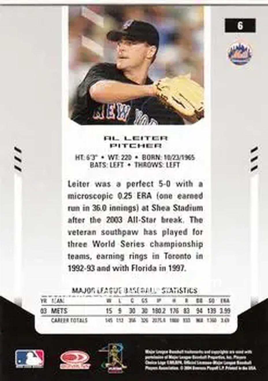 2004 Leaf Certified Materials #6 - Al Leiter - New York Mets - Back