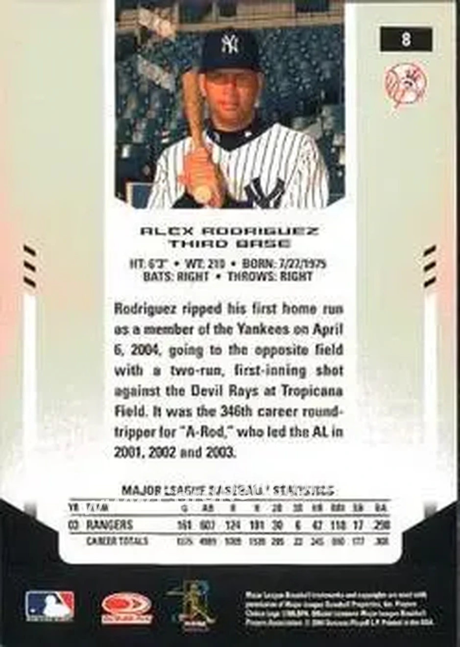 2004 Leaf Certified Materials #8 - Alex Rodriguez - New York Yankees - Back