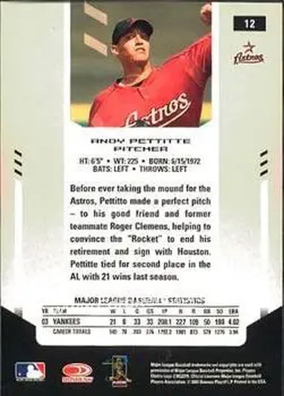 2004 Leaf Certified Materials #12 - Andy Pettitte - Houston Astros - Back