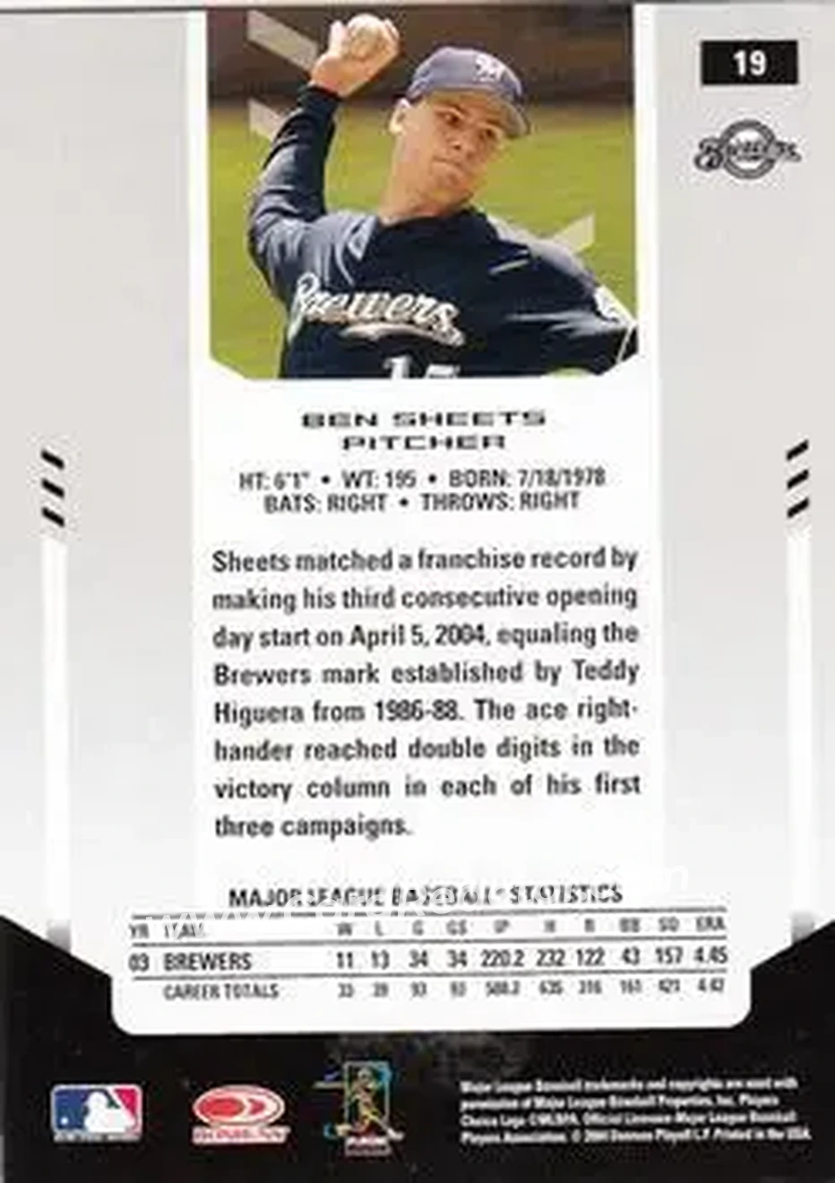 2004 Leaf Certified Materials #19 - Ben Sheets - Milwaukee Brewers - Back 2004 Leaf Certified Materials #19 - Ben Sheets - Milwaukee Brewers - Back