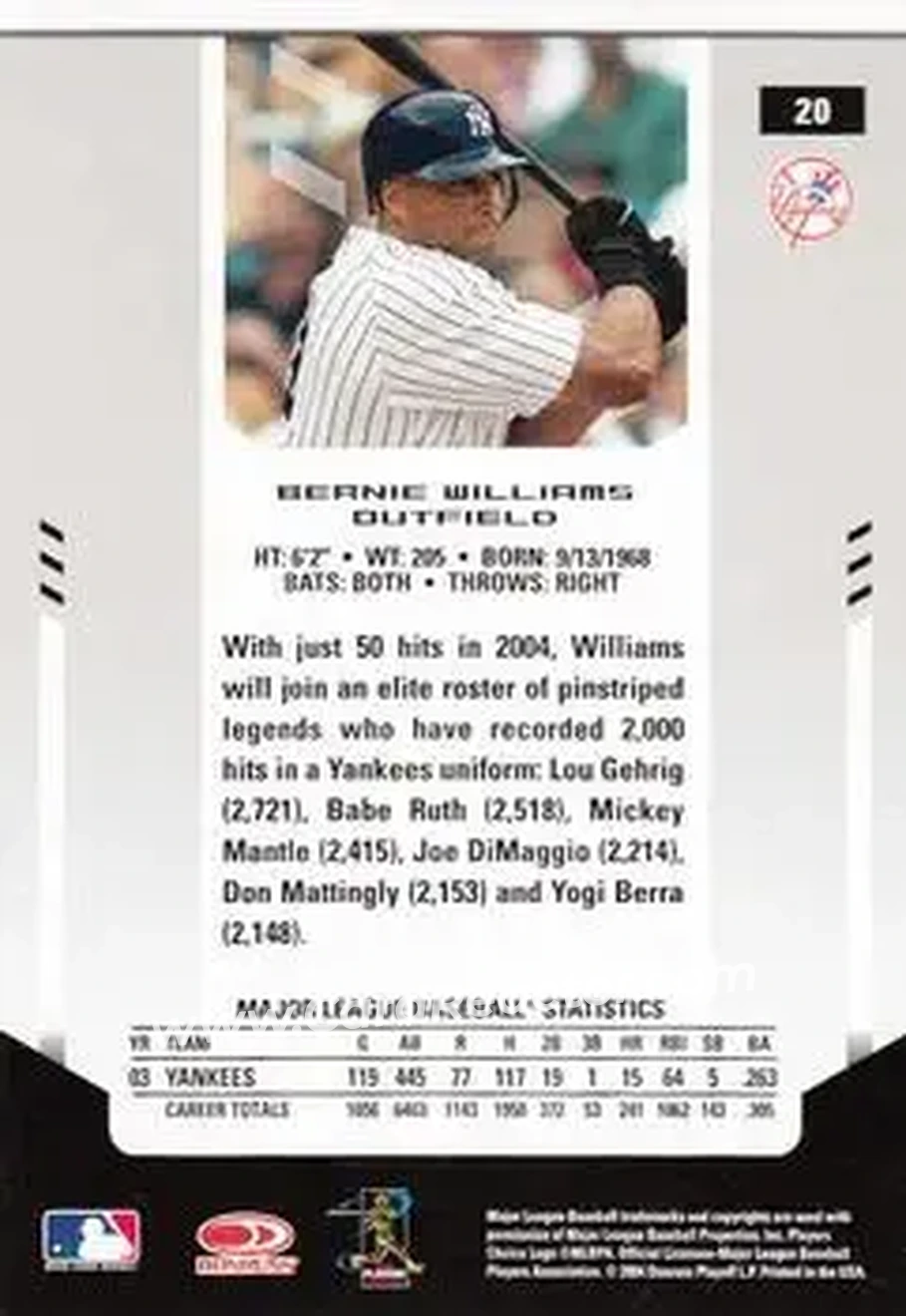 2004 Leaf Certified Materials #20 - Bernie Williams - New York Yankees - Back