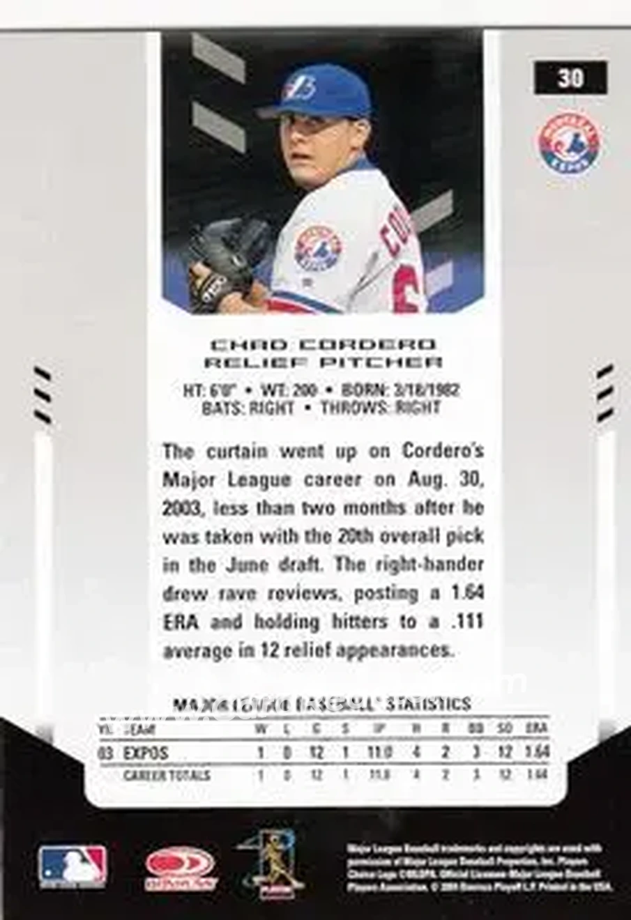 2004 Leaf Certified Materials #30 - Chad Cordero - Montreal Expos - Back