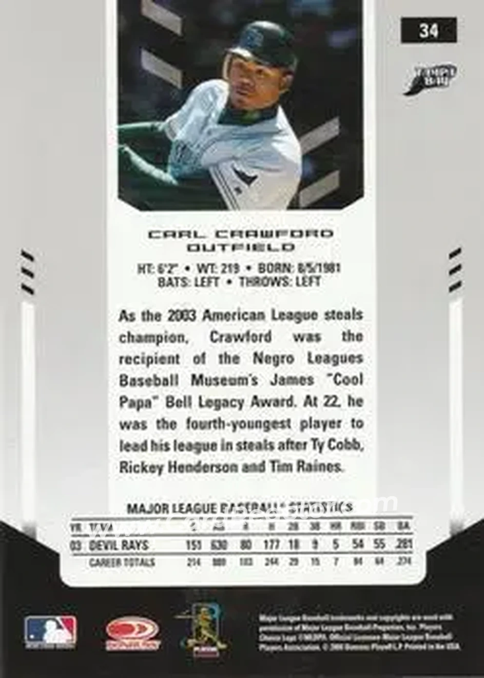2004 Leaf Certified Materials #34 - Carl Crawford - Tampa Bay Devil Rays - Back