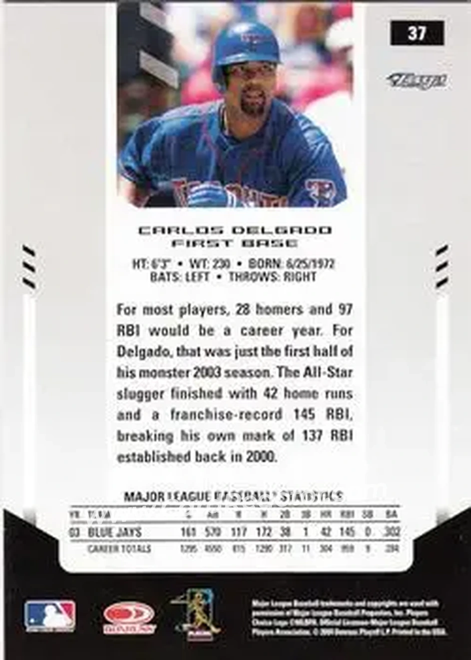 2004 Leaf Certified Materials #37 - Carlos Delgado - Toronto Blue Jays - Back