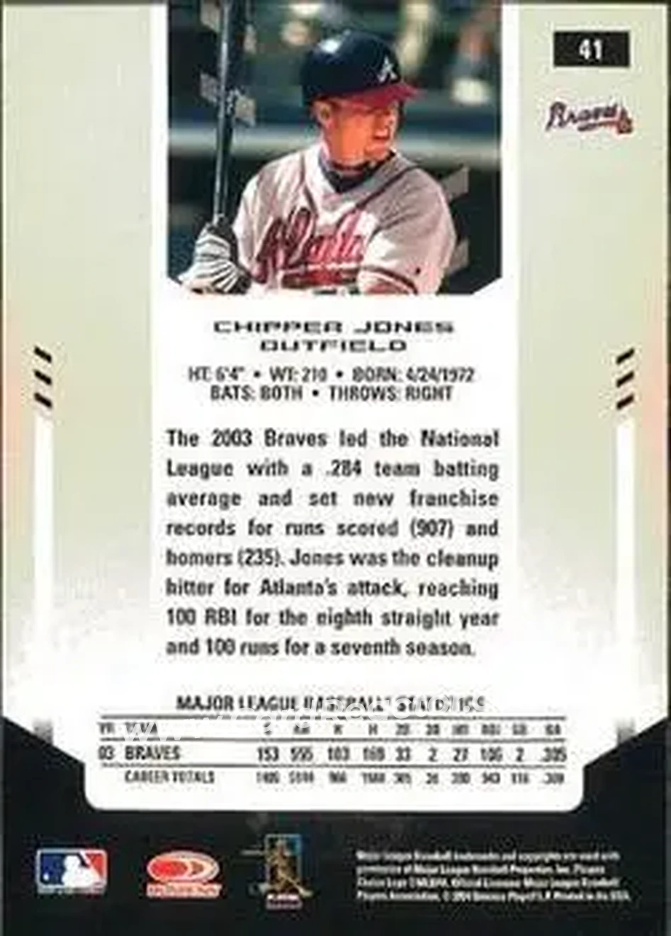 2004 Leaf Certified Materials #41 - Chipper Jones - Atlanta Braves - Back
