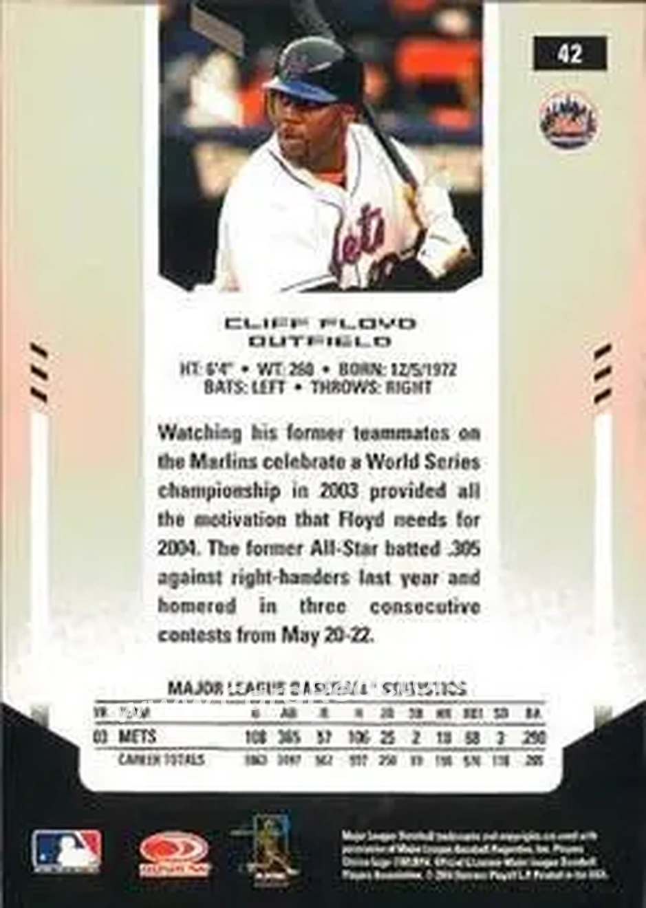 2004 Leaf Certified Materials #42 - Cliff Floyd - New York Mets - Back