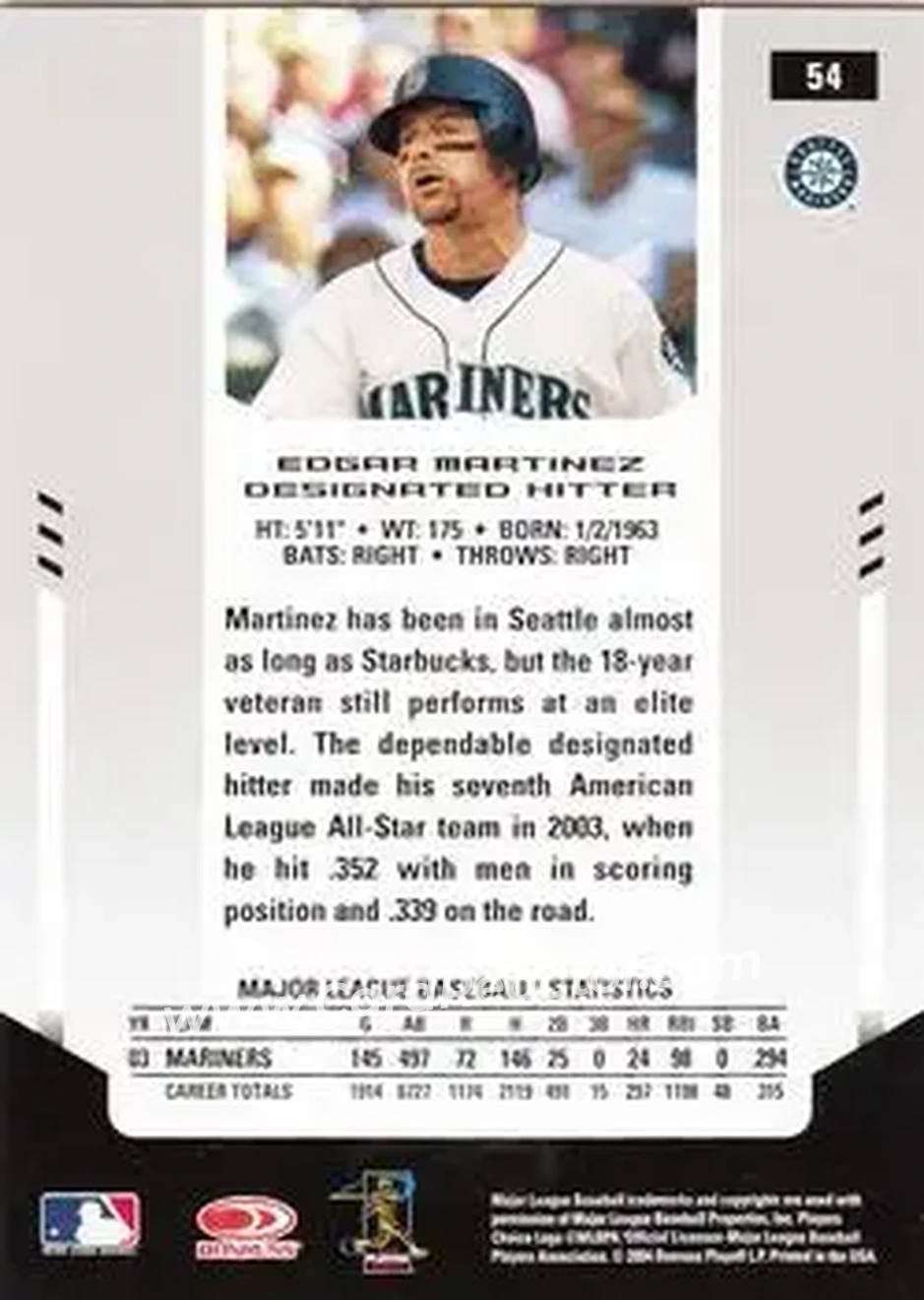 2004 Leaf Certified Materials #54 - Edgar Martinez - Seattle Mariners - Back