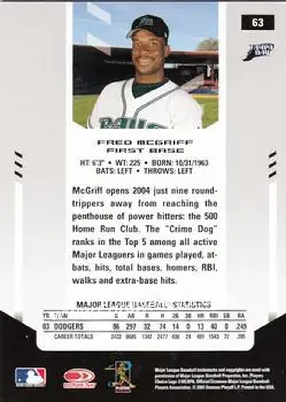 2004 Leaf Certified Materials #63 - Fred McGriff - Tampa Bay Devil Rays - Back 2004 Leaf Certified Materials #63 - Fred McGriff - Tampa Bay Devil Rays - Back