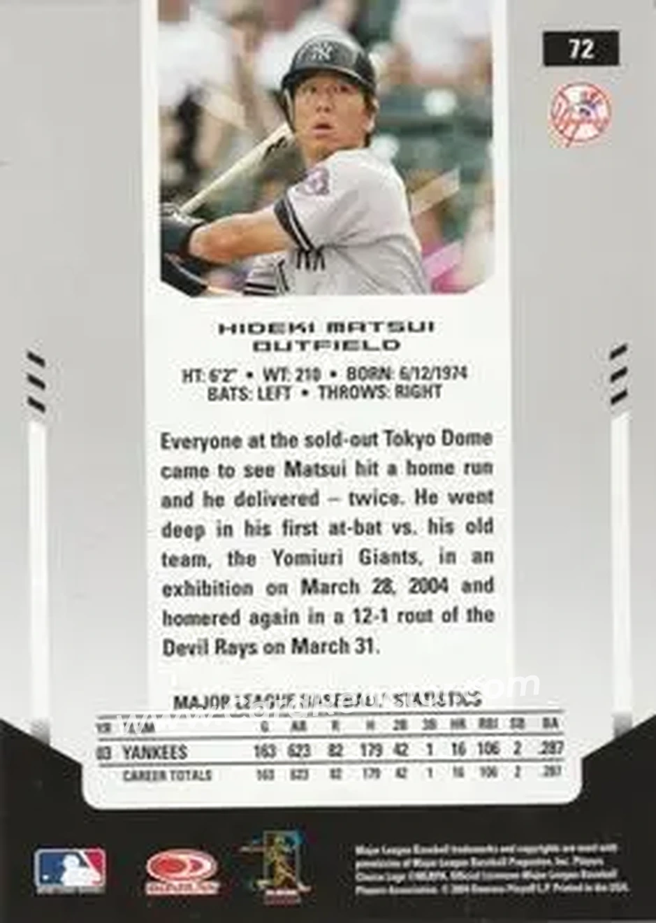 2004 Leaf Certified Materials #72 - Hideki Matsui - New York Yankees - Back