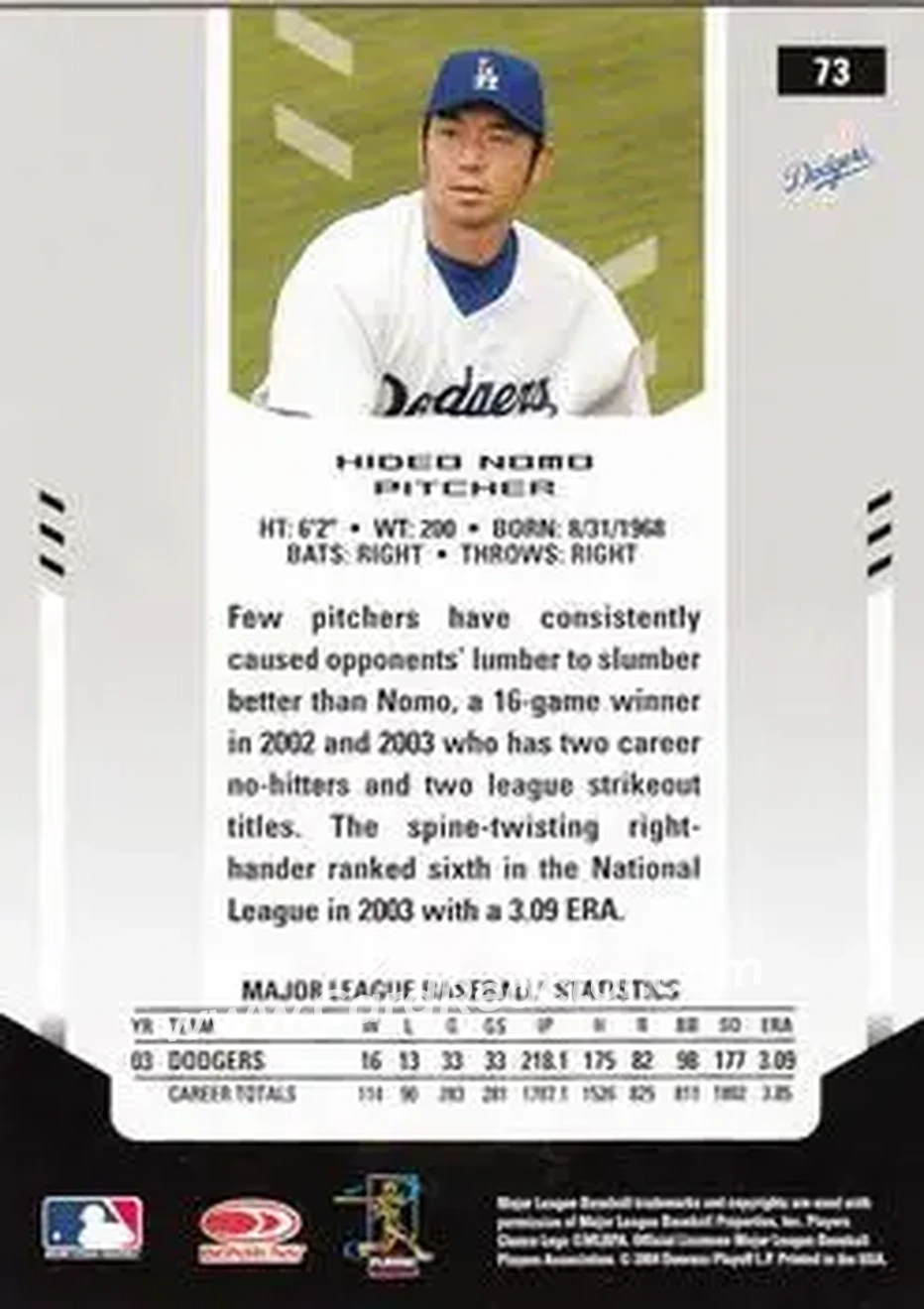 2004 Leaf Certified Materials #73 - Hideo Nomo - Los Angeles Dodgers - Back